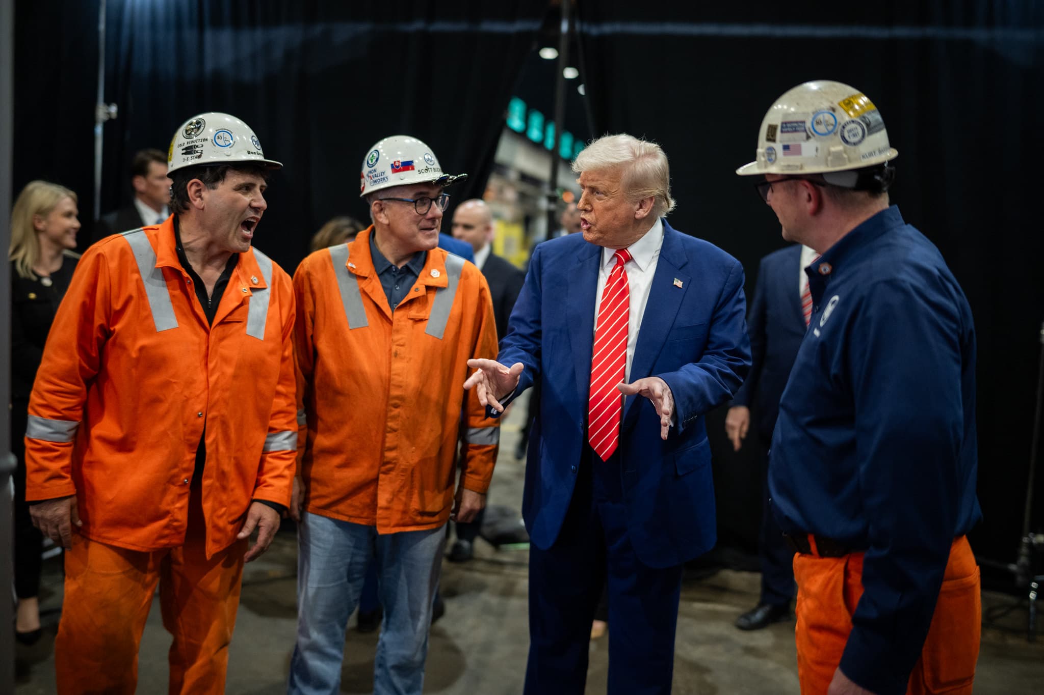 President Donald J. Trump speaks with workers at U.S. Steel's Irvin Works in West Mifflin, Pennsylvania.