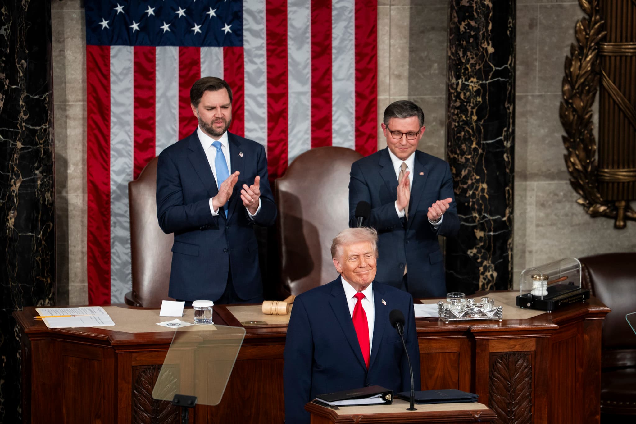 President Donald J. Trump at the State of the Union, flanked by Vice President JD Vance and Speaker Mike Johnson.